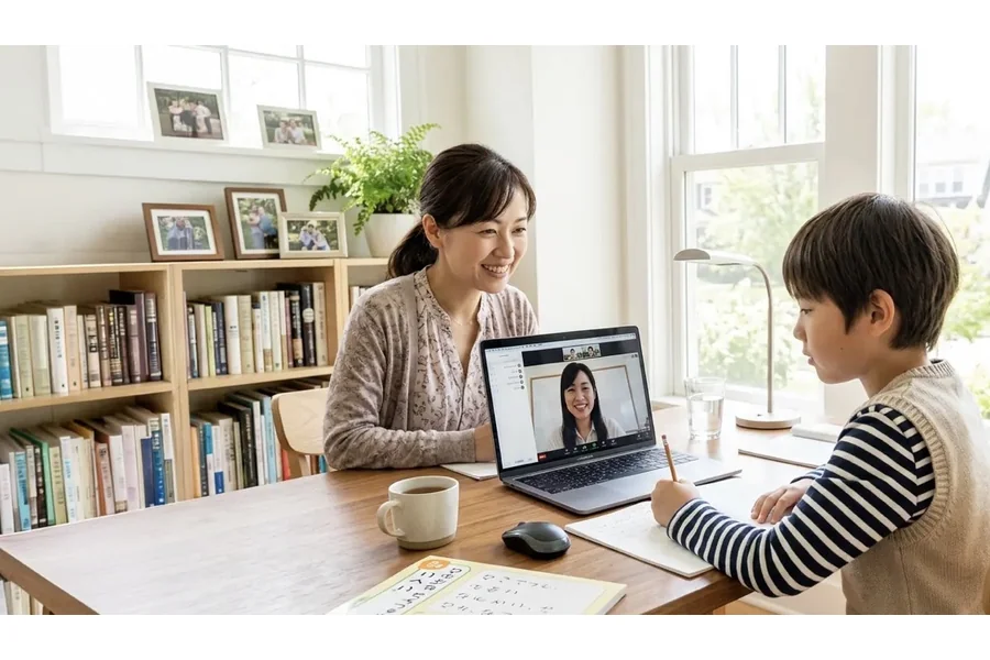 まなぶてらすのオンライン授業を自宅で受ける子供と、隣で見守る母親。ノートパソコンに講師が映っている