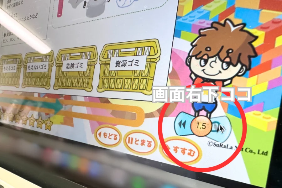 すららのレクチャー画面の右下にある再生速度のボタン。1.5倍速になっているところを赤い丸で示している