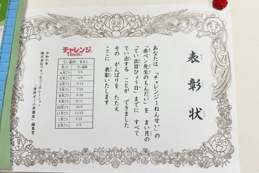 進研ゼミ小学講座「チャレンジ1ねんせい」の表彰状。赤ペン先生の問題を毎月の提出目標日までにすべて出したことをたたえる内容で、左側に4月号から2月号までの提出日の記録表が並んでいる